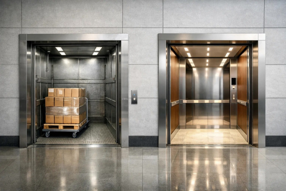 Грузовой и пассажирский лифт сравнение: слева грузовой с коробками, справа пассажирский интерьер.