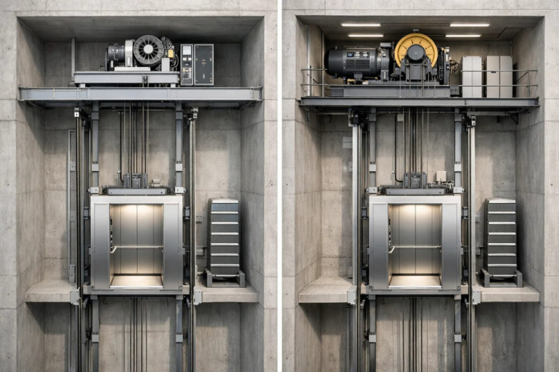 Сравнение лифта MRL и лифта с машинным помещением в шахте.