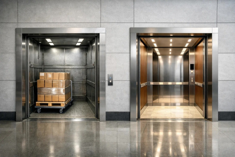 Грузовой и пассажирский лифт сравнение: слева грузовой с коробками, справа пассажирский интерьер.