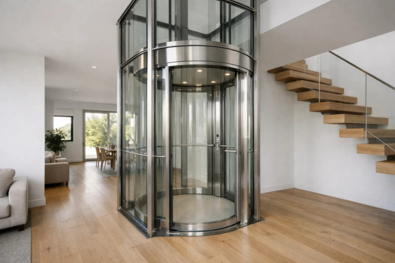 Панорамный стеклянный лифт в частном доме рядом с лестницей.