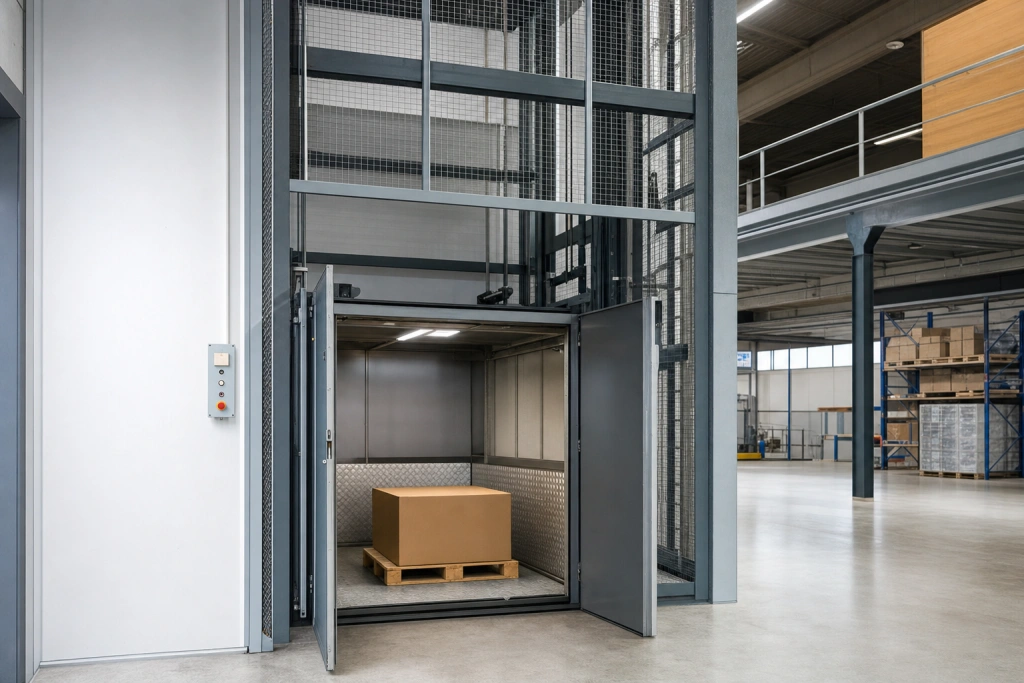 Шахтный подъёмник с металлокаркасной шахтой и пультом управления на складе.