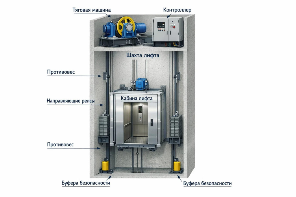 Устройство лифта: шахта и основные узлы, кабина, противовес и контроллер.