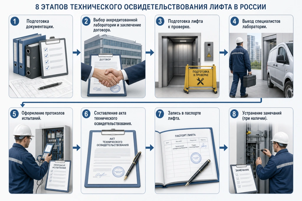 Пошаговый алгоритм проведения технического освидетельствования лифта из 8 этапов.