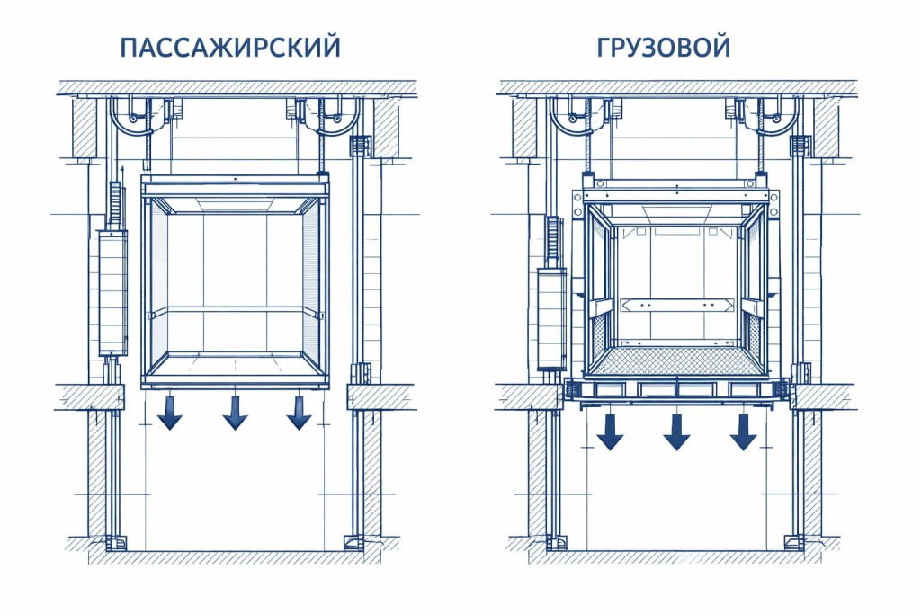 Пассажирский и грузовой лифт: чертеж в разрезе, сравнение конструкции.
