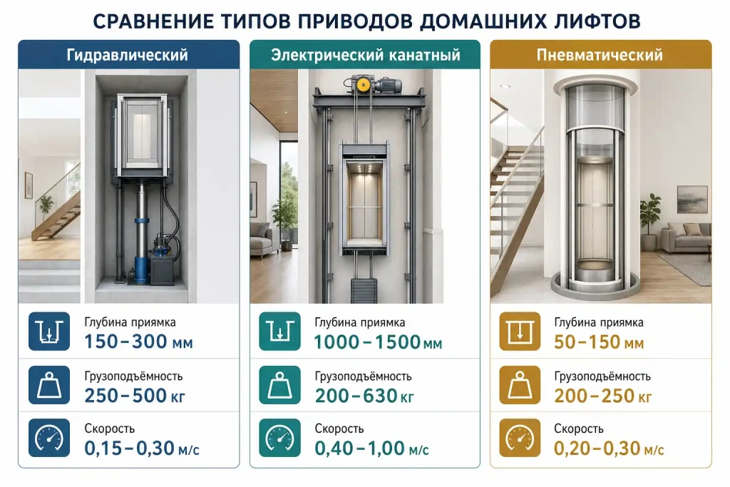 Инфографика: сравнение гидравлического, электрического и пневматического лифтов для частного дома.