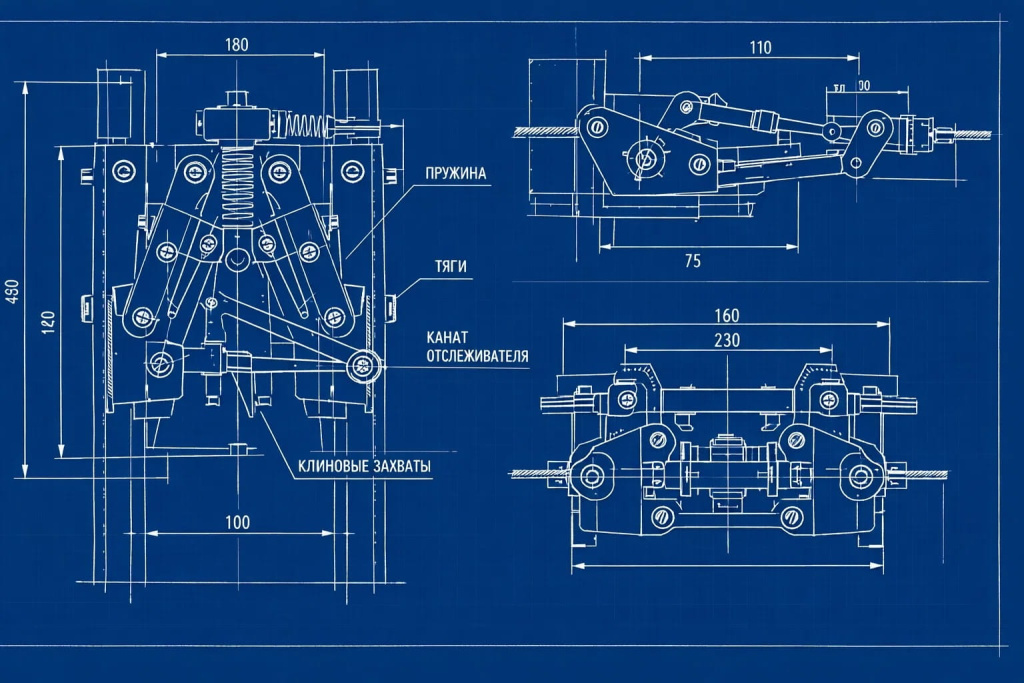Ловители лифта чертеж механизма с пружинами, тягами и клиновыми захватами.