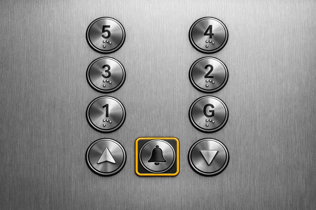 Панель управления лифта кнопки этажей и сигнал тревоги на металлической панели.