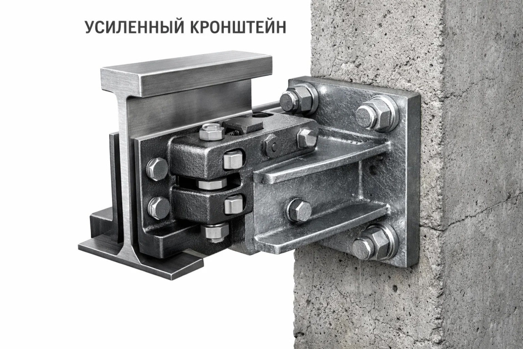 Усиленный кронштейн для направляющих лифта на бетонной стене.